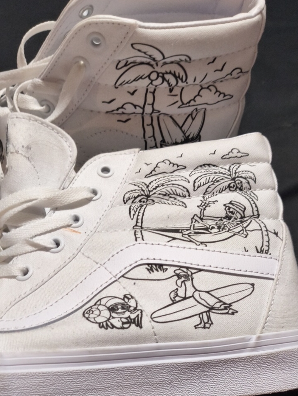 Vans White High-Top Canvas Sneakers with Black Tropical Sketches
